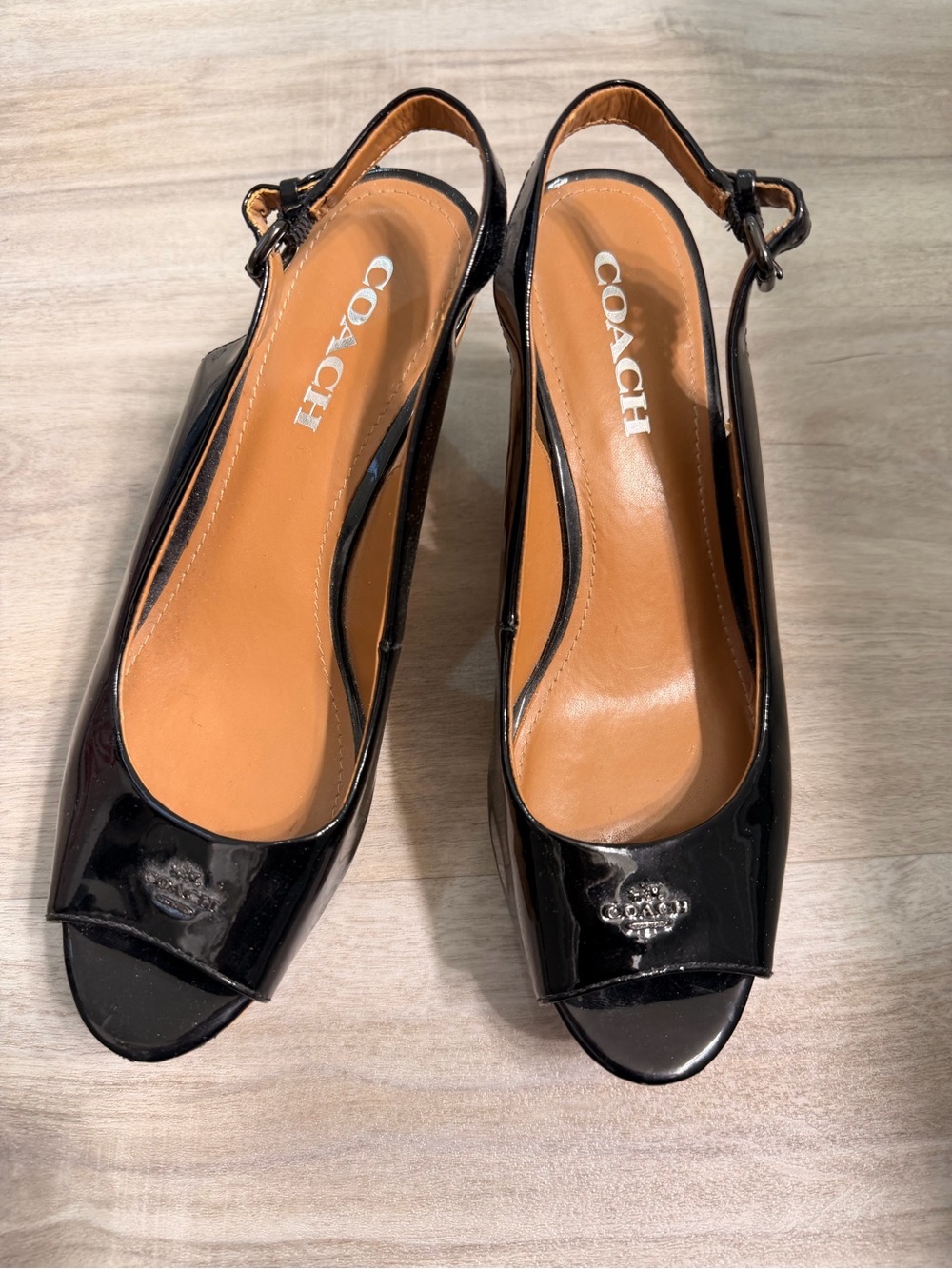 Coach Black Patent Peep-Toe Slingback Mules